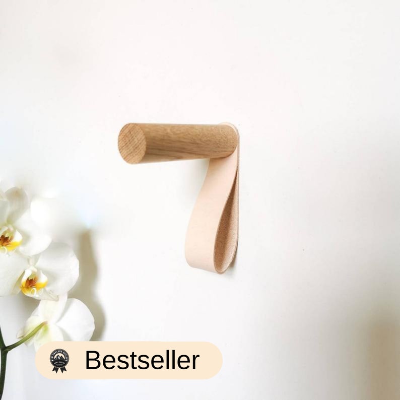 Oak and Leather Wall Hook / Coat Hook / Clothes Hanger image 1
