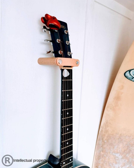 Oak & Leather Guitar Holder Wall Mount Guitar Stand. 