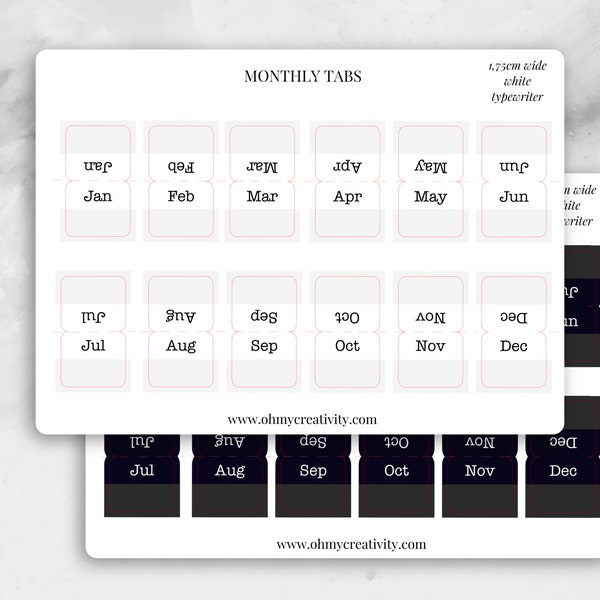Monatliche Tabs Typewriter für  Hobonichi Cousin, Kalender, Bullet Journal, Notizbuch, Planer, Monate, Lettering, Divider Sticker