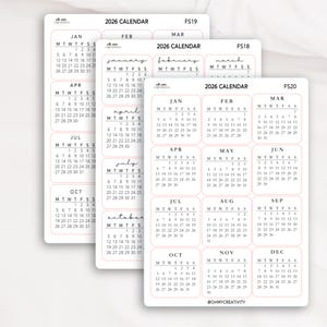 May include: A set of 2026 calendar stickers with a minimalist design. Each sticker features a month's calendar grid with the days of the week and dates. The stickers are in a rectangular shape with rounded corners.