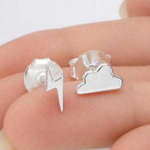 Lightning Bolt Earrings, Cloud Earrings in 925 Silver, Tiny Earrings, Mismatched Stud, 18k Gold Plated Earrings, Minimalist Earrings for Her