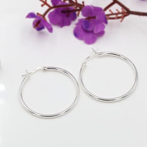 May include: A pair of silver hoop earrings. The earrings are round and have a simple, classic design. The background is white with purple flowers.