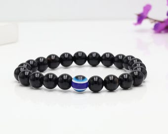 Pulsera de Ojo Turco y Obsidiana Negra, Pulsera Elástica, Pulsera con Cuentas de Piedras Preciosas Naturales de 8 mm, Pulsera de Protección Unisex, Regalo de Navidad