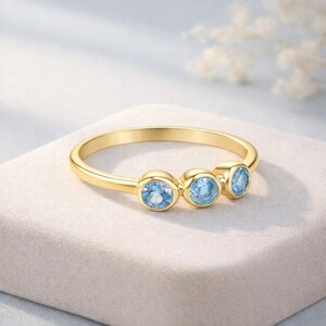 Minimalist Blue Topaz Ring - 925 Silver Three Stone Engagement Ring & 18K Gold-Plated Wedding Band Gift for Her