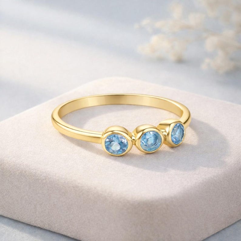 Minimalist Blue Topaz Ring - 925 Silver Three Stone Engagement Ring & 18K Gold-Plated Wedding Band Gift for Her