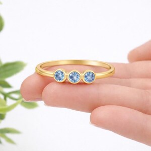 Minimalist Blue Topaz Ring - 925 Silver Three Stone Engagement Ring & 18K Gold-Plated Wedding Band Gift for Her