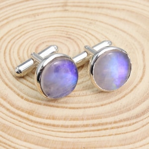 Moonstone Cufflinks, Sterling Silver Cufflinks, Groomsmen Cufflinks, Cufflinks For Him, Round Blue Moonstone Gemstone Cufflinks For Men