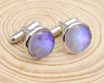 Moonstone Cufflinks, Sterling Silver Cufflinks, Groomsmen Cufflinks, Cufflinks For Him, Round Blue Moonstone Gemstone Cufflinks For Men