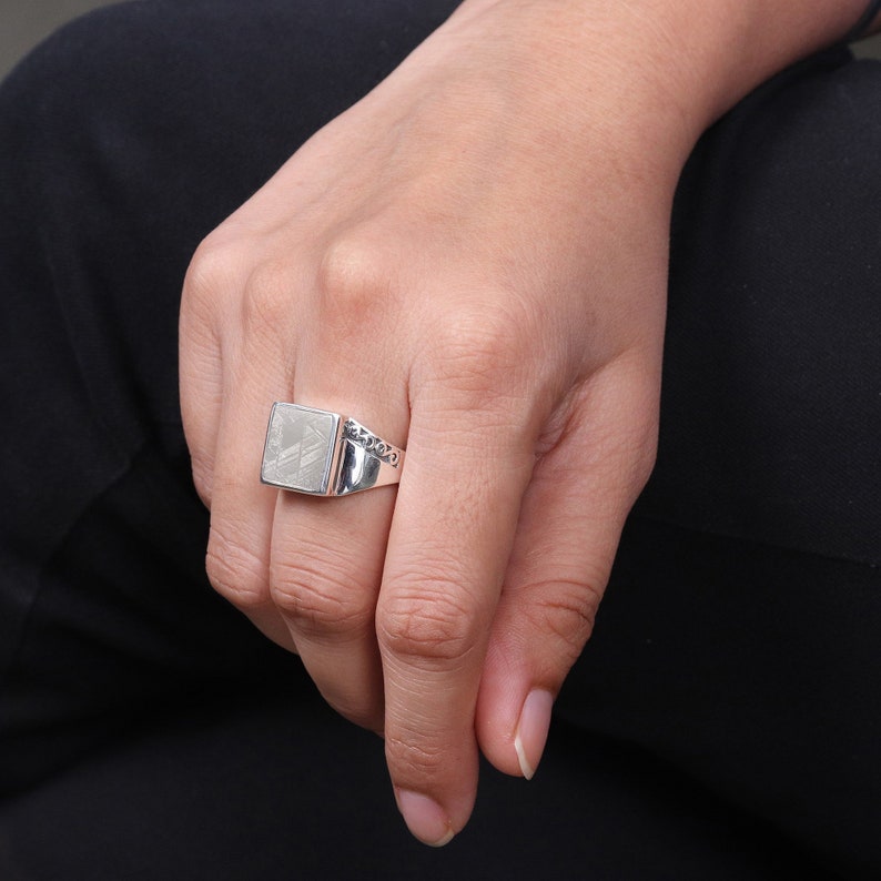 Meteorite Ring, Solid Sterling Silver Ring, Unisex Ring, Meteorite Statement Ring, Natural Meteorite Silver Ring, Handmade Ring for Him