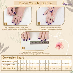 May include: An instructional graphic titled "Know Your Ring Size" shows how to measure finger size using a rope and ruler. A conversion chart displays millimeter measurements with corresponding US/Canada and European ring sizes.