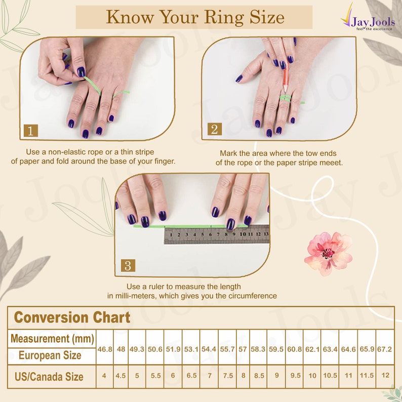 May include: An instructional graphic titled "Know Your Ring Size" shows how to measure finger size using a rope and ruler. A conversion chart displays millimeter measurements with corresponding US/Canada and European ring sizes.