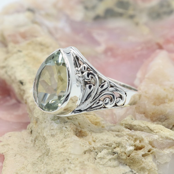 Green Amethyst Ring, Sterling Silver Ring, Prasiolite Ring, Statement Ring, Gemstone Ring, Gifts for Her, Green Amethyst Wedding Ring