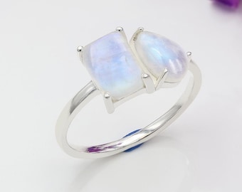 Moonstone Ring, 925 Sterling Silver Ring, Statement Ring, Rainbow Moonstone Jewelry, June Birthstone Ring, Two Stone Ring, Gift for Women