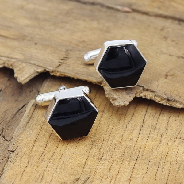 Black Onyx Cufflinks, Sterling Silver Cufflinks, Groomsmen Cufflinks, Gemstone Cufflinks for Men, Silver Tuxedo Studs, Wedding Cufflinks