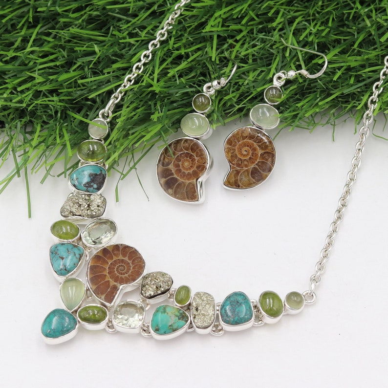 Ammonite and Turquoise Collar Necklace, Statement Necklaces, Pyrite Necklaces, Chocker Necklace, Necklace Earring Set, Women's Necklace