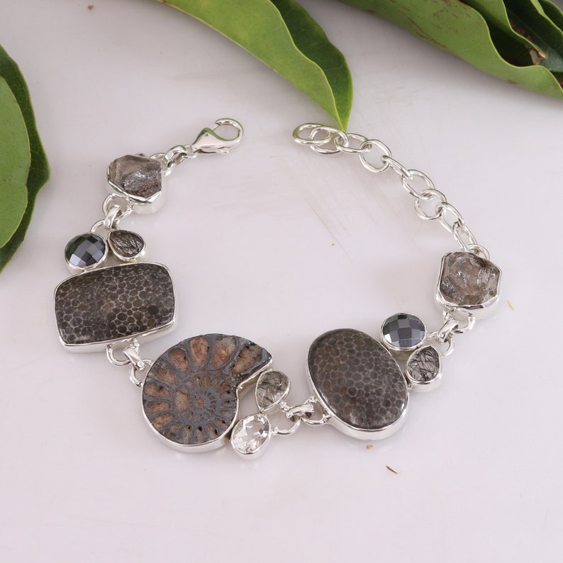 Moroccan Ammonite hotsell Bracelet-Fossil Coral Hekimer Diamond Bracelet-Tourmaline Quartz Bracelet-Hematite Ice Quartz Sterling Silver Bracelet