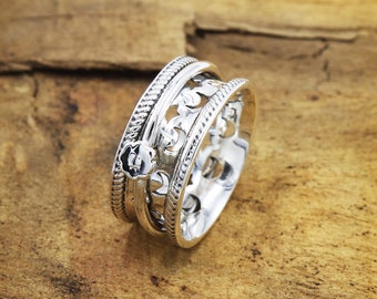 Vintage Sterling Silver Floral Spinner Ring - Anxiety Relief Band, Sizes 7.5-12, 925 Silver