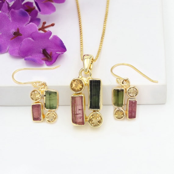 トルマリン　ネックレス　ピアス　ハンドメイド Sterling Silver Tourmaline Pendant Necklace & Earring Set, Natural