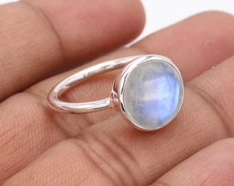 Rainbow Moonstone Ring, Sterling Silver Ring, Rings For Women, Round Moonstone Handmade Ring, Silver Statement Ring, Valentine Ring For Her