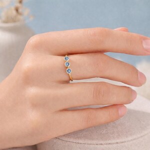 Minimalist Blue Topaz Ring - 925 Silver Three Stone Engagement Ring & 18K Gold-Plated Wedding Band Gift for Her