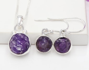 Ruwe amethist ketting en oorbel set, handgemaakte sieradenset, amethist edelsteen 925 sterlingzilver set, februari geboortesteen cadeau voor vrouwen