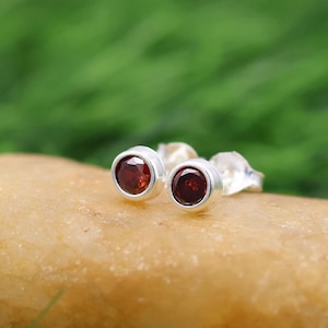 May include: A pair of stud earrings with round, deep red gemstones set in a silver bezel. The earrings are displayed on a light brown surface with a blurred green background.