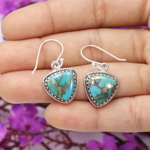 Turquoise Earrings, 925 Silver Earrings, Triangular Dangle Earrings, Copper Turquoise Earrings, Drop Earring, Handmade Jewelry, Gift for Her