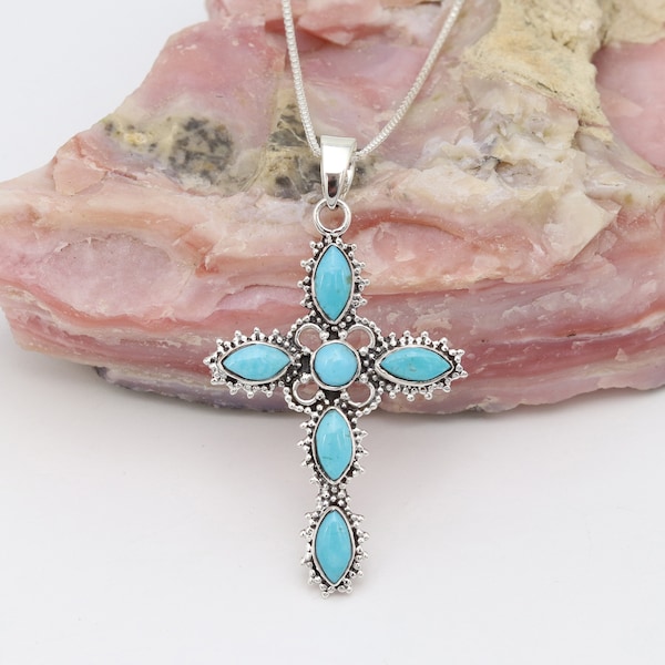 Turquoise Necklaces, Sterling Silver Pendant, Cross Pendant Necklace, Vintage Pendant, Arizona Turquoise Cross Necklace, Best Christmas Gift