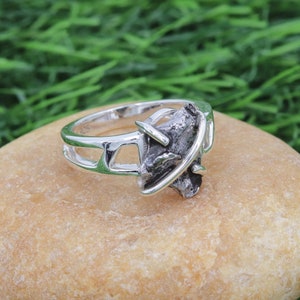 Meteorite Ring, Solid Sterling Silver Ring, Unisex Ring, Statement Ring, Raw Meteorite Silver Ring, Handmade Ring for Him, Christmas Gift