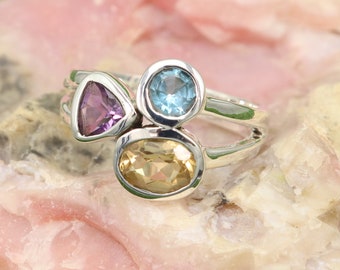 Amethyst Ring, Solid Silver Ring, Three Stone Ring, Blue Topaz Rings, Citrine Rings, Rings For Women, Gemstone Ring, Statement Ring