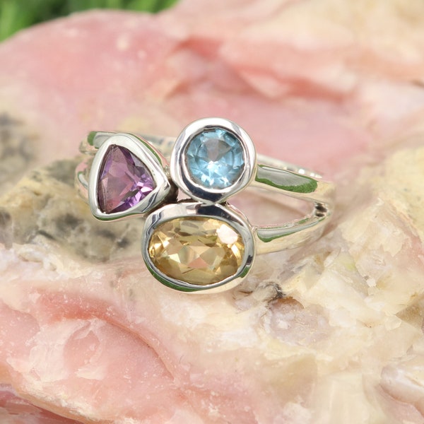 Amethyst Ring, Solid Silver Ring, Three Stone Ring, Blue Topaz Rings, Citrine Rings, Rings For Women, Gemstone Ring, Statement Ring