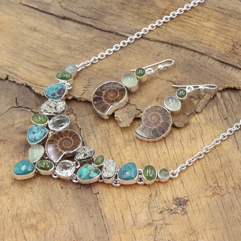 Ammonite and Turquoise Collar Necklace, Statement Necklaces, Pyrite Necklaces, Chocker Necklace, Necklace Earring Set, Women's Necklace