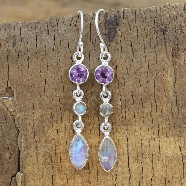 Rainbow Moonstone Dangle Earrings, Sterling Silver, Iolite Amethyst