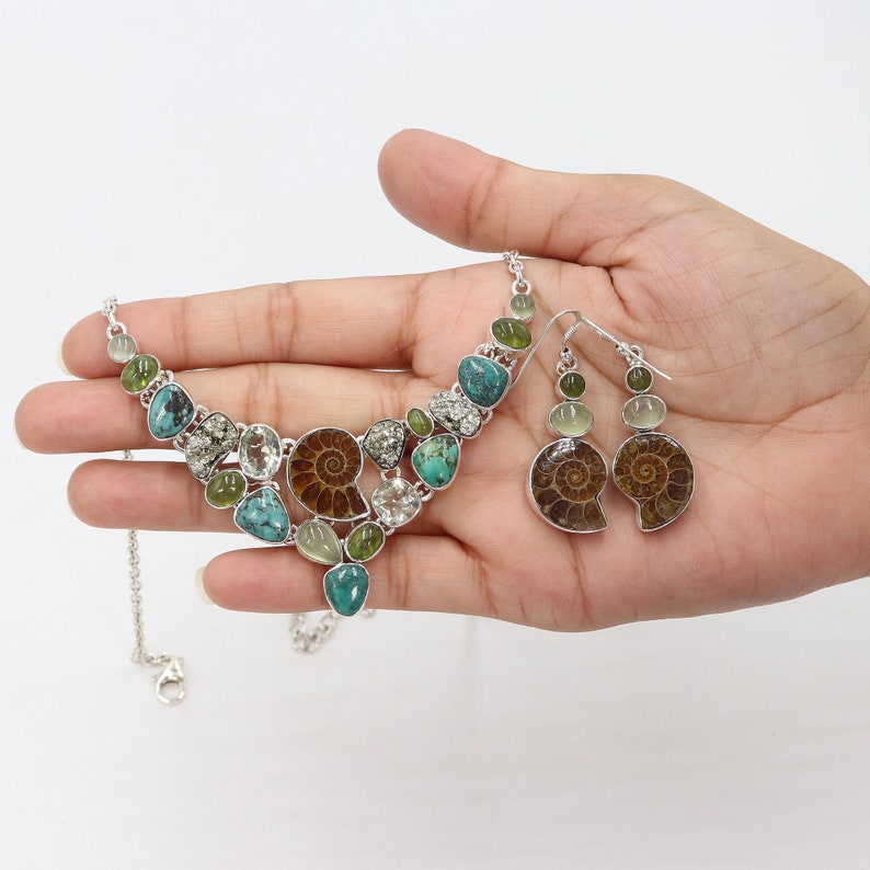 AAmmonite and Turquoise Collar Necklace, Silver Statement Necklaces Earring Set, Pyrite Necklaces, Chocker Necklace, Women's Necklace