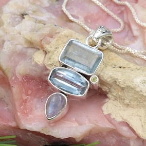 Aquamarine Necklace, Solid Silver Necklace, Birthstone Necklaces, Moonstone Necklaces, Women&#39;s Statement Necklace, Best Gift for Her