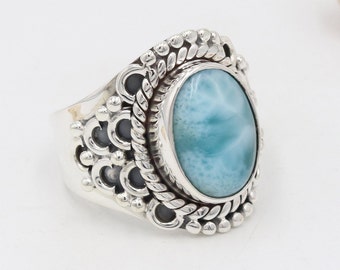 Larimar Ring, Solid Sterling Silver Ring, Handmade Ring, Genuine Dominican Larimar Ring, Statement Ring For Women, Gemstone Ring