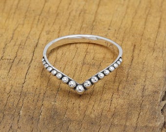 Sterling Silver Beaded Chevron Ring • Dainty Boho V Band, Minimalist Solid Silver Band Ring for Him and Her, Stacking Ring Jewelry