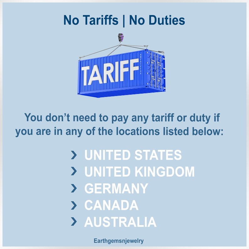 May include: A blue shipping container labeled "TARIFF" is suspended by a crane. Text above reads "No Tariffs | No Duties." Below, a list of countries: United States, United Kingdom, Germany, Canada, and Australia. The image is on a light blue background.