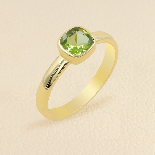 Peridot Ring, Solid Sterling Silver Ring, Gold Minimalist Ring, Cushion Cut Ring, Genuine Peridot Handmade Silver Ring, Ring For Women