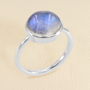 Rainbow Moonstone Ring, Sterling Silver Ring, Rings For Women, Round Moonstone Handmade Ring, Silver Statement Ring, Valentine Ring For Her