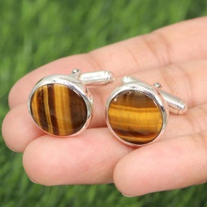 Tiger Eye Cufflinks, Sterling Silver Cufflink, Groomsmen Cufflinks,  Gemstone Cufflinks, Men&#39;s Cufflinks, Round Tiger Eye Gemstone Cufflinks