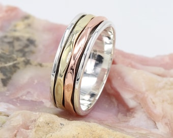 Spinnerring, sterlingzilveren ring, angstring, tweekleurige spinnerring, twee metalen spinner, meditatiering, zilveren ring, fidget zilveren ring