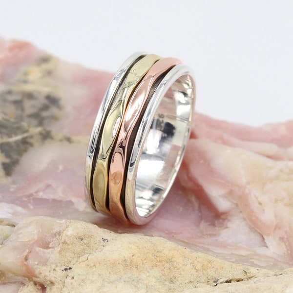 Spinner Ring, Sterling Silver Ring, Anxiety Ring, Two Tone Spinner Ring, Two Metal Spinner, Meditation Ring, Silver Ring, Fidget Silver Ring
