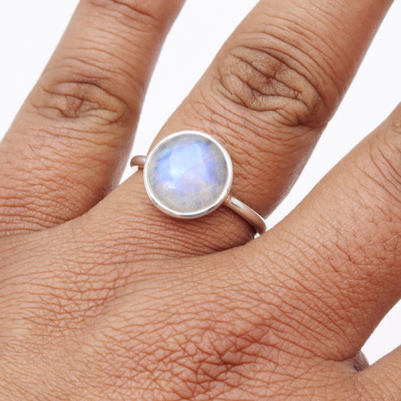 Rainbow Moonstone Ring, Sterling Silver Ring, Rings For Women, Round Moonstone Handmade Ring, Silver Statement Ring, Valentine Ring For Her