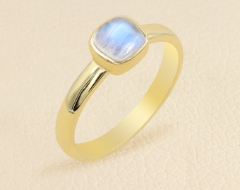 Moonstone Ring, Minimalist Engagement Rings, Moonstone Engagement Ring, 6 mm Cushion Moonstone Silver Handmade Ring, Gift For Her