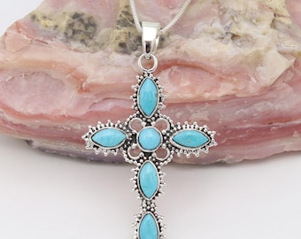 Turquoise Cross Pendant Necklace, Oxidized Sterling Silver, Handmade Cross Pendant, Necklaces for women, Turquoise Jewelry, Christmas Gift