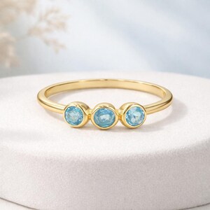 Minimalist Blue Topaz Ring - 925 Silver Three Stone Engagement Ring & 18K Gold-Plated Wedding Band Gift for Her