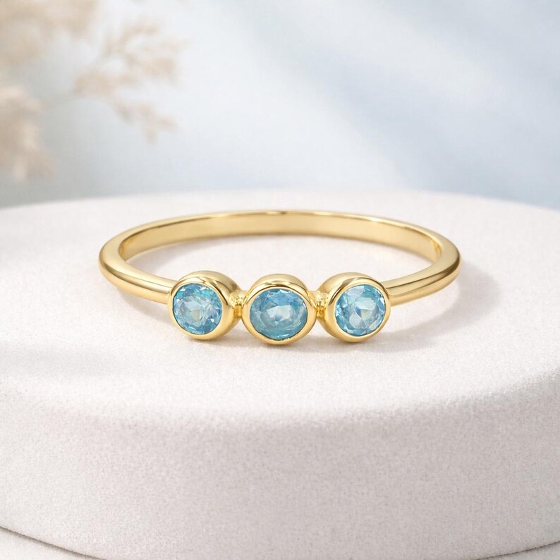 Minimalist Blue Topaz Ring - 925 Silver Three Stone Engagement Ring & 18K Gold-Plated Wedding Band Gift for Her