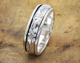 Fidget Ring, 925 Sterling Silver Ring, Floral Spinner Ring, Anxiety Ring, Meditation Ring, Anxiety Thumb Ring, Promise Ring, Unisex Ring