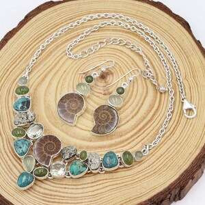 AAmmonite and Turquoise Collar Necklace, Silver Statement Necklaces Earring Set, Pyrite Necklaces, Chocker Necklace, Women's Necklace